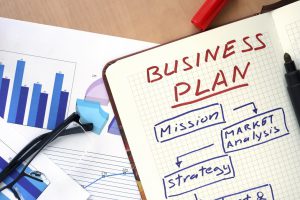 Notepad with words business plan concept and glasses.